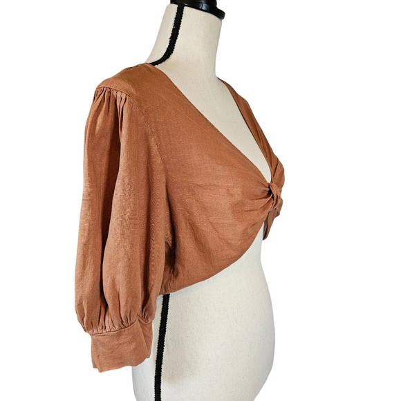 Young Fabulous&Broke Linen Blend Cropped Knot Front Miranda Top, Orange, Small - Picture 3 of 15
